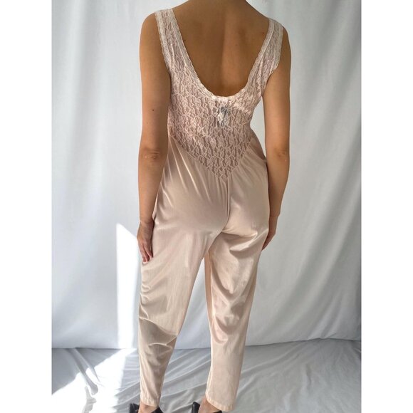 80s vintage pink lace lingerie sleeveless one piece jumpsuit romper nightgown - Picture 4 of 9